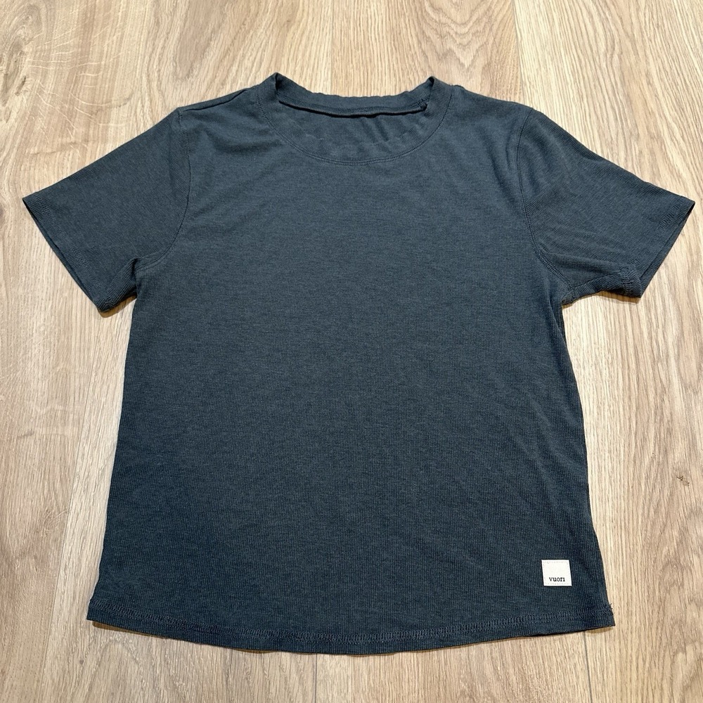 Vuori Pose Fitted Tee Blue Ribbed Cropped Short Sleeve Shirt Large VW169 - Picture 2 of 7